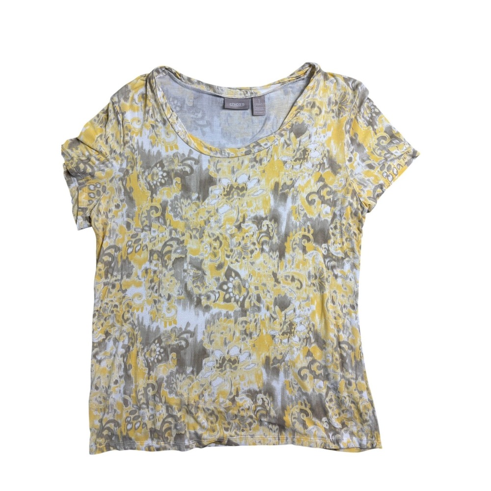 Chico's Shirt Womens Sz 1‎ US M Short Sleeve Yellow Abstract Paisley Scoop Neck